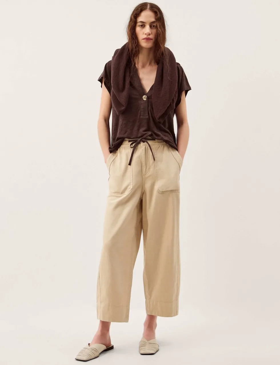 Linen Rich V-Neck Button Detail T-Shirt