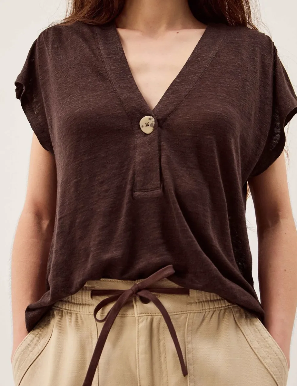 Linen Rich V-Neck Button Detail T-Shirt