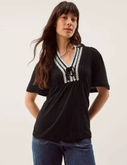 Linen Rich V-Neck Lace Trim T-Shirt