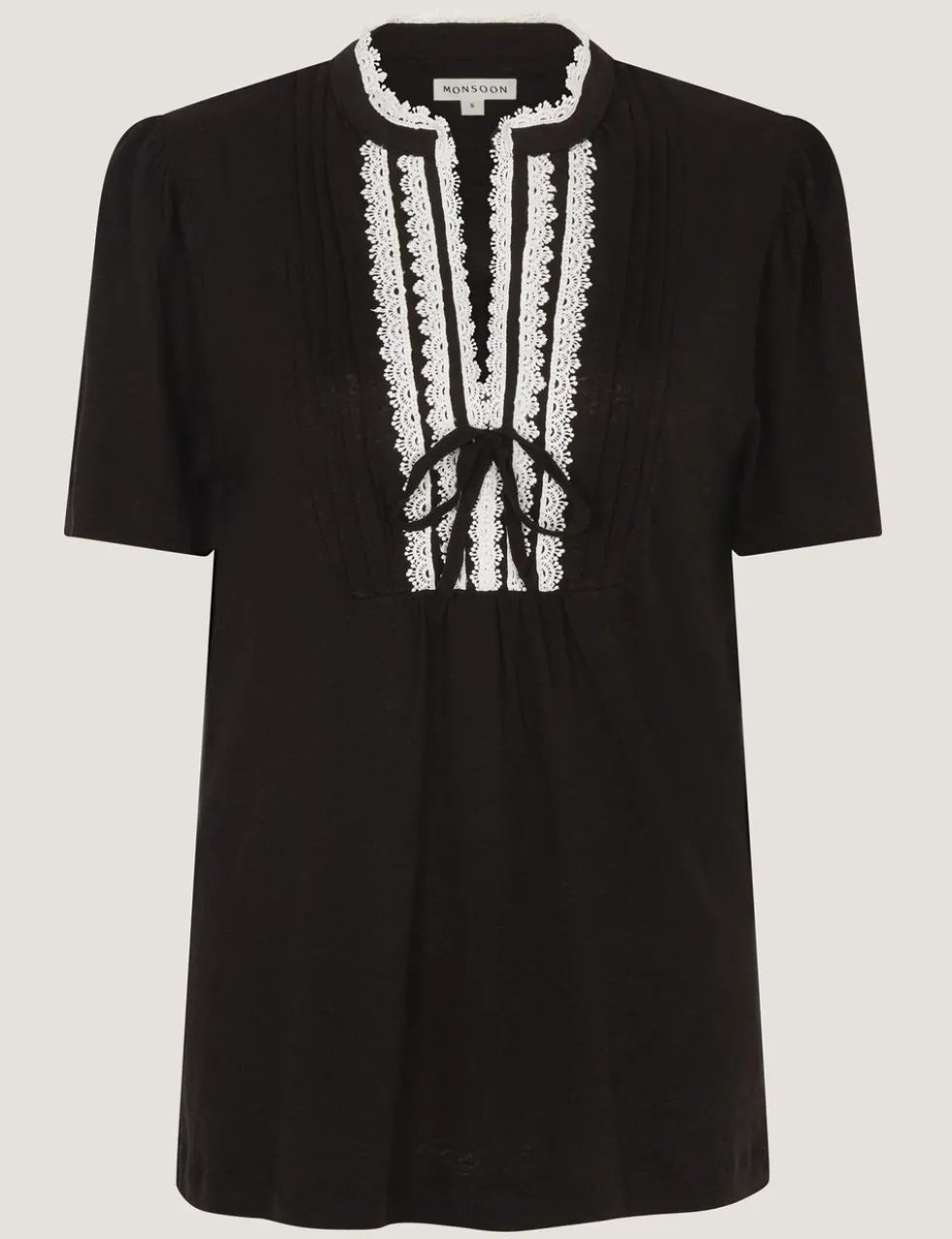 Linen Rich V-Neck Lace Trim T-Shirt