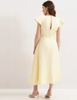 Linen Rich V-Neck Midi Waisted Dress