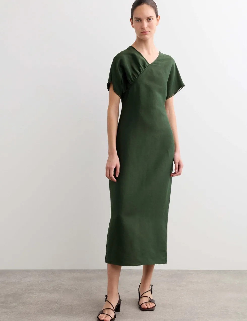 Linen Rich V-Neck Midi Wrap Dress