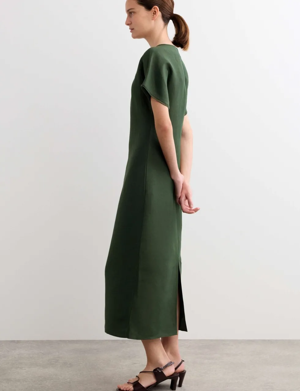Linen Rich V-Neck Midi Wrap Dress