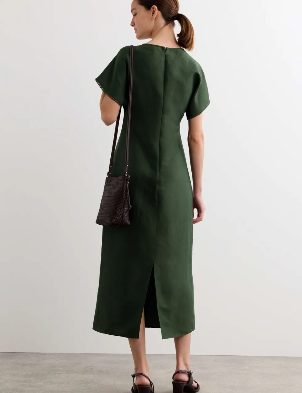 Linen Rich V-Neck Midi Wrap Dress