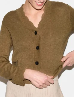 Linen Rich V-Neck Scallop Detail Cardigan