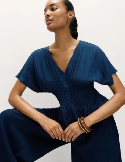 Linen Rich V-Neck Waisted Top