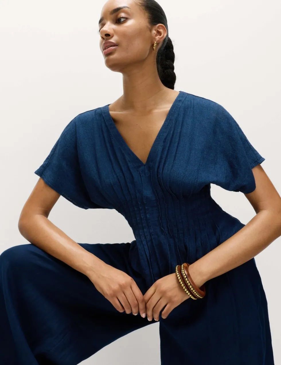 Linen Rich V-Neck Waisted Top