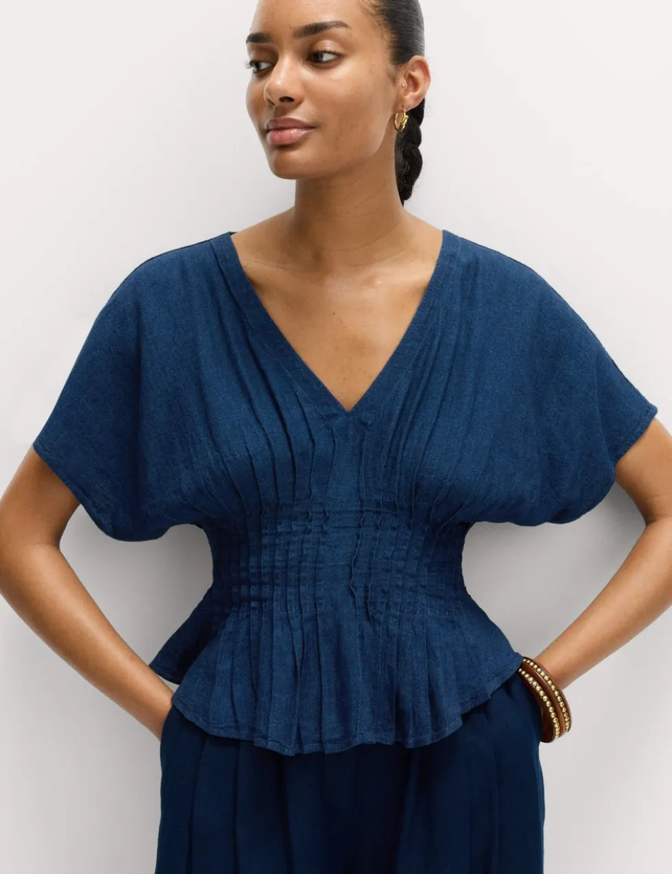 Linen Rich V-Neck Waisted Top