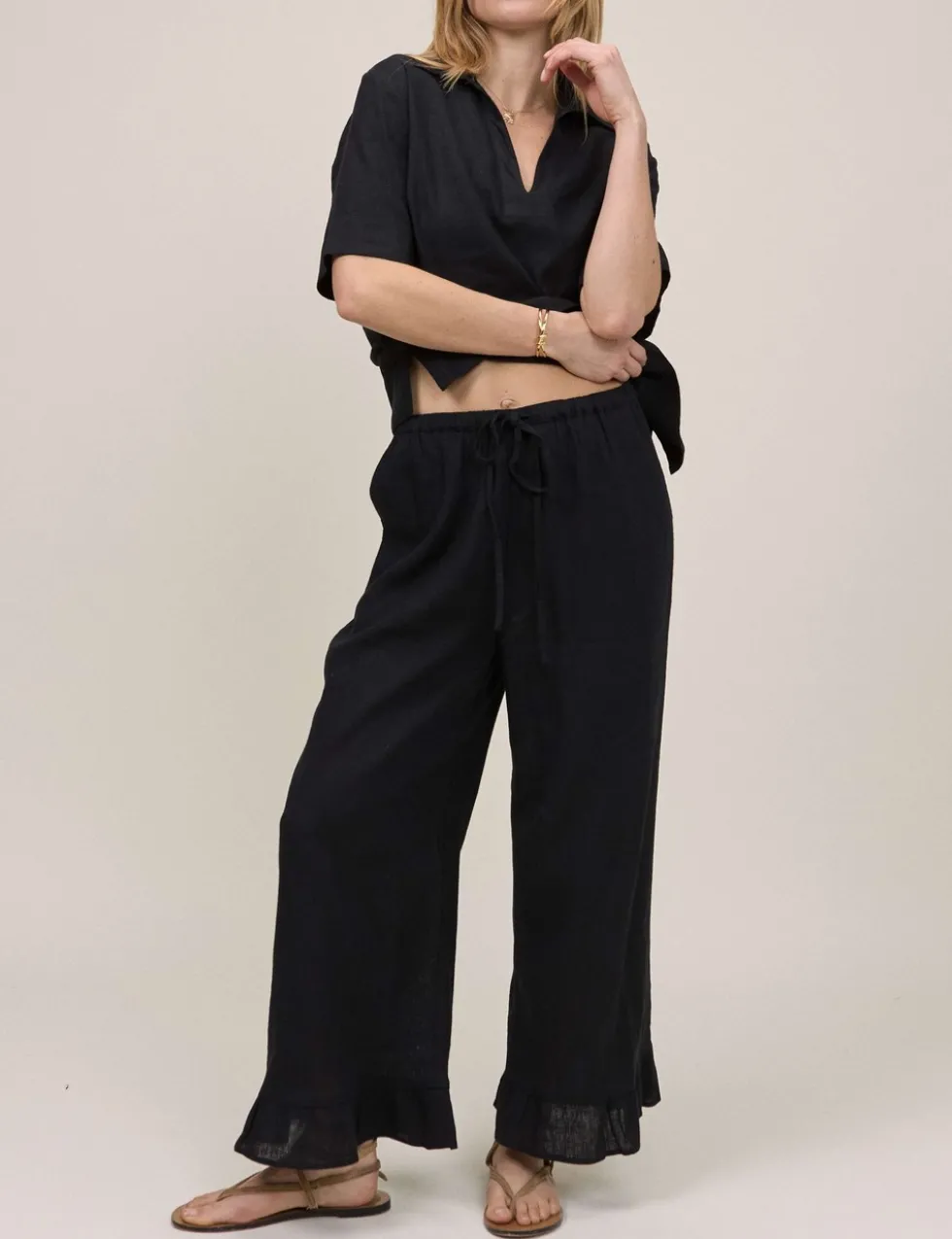 Linen Rich Wide Leg Cropped Trousers