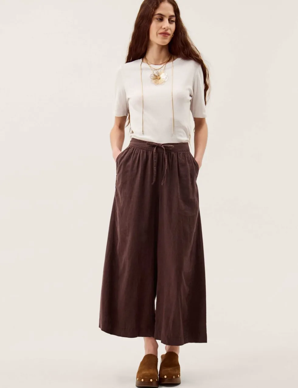 Linen Rich Wide Leg Cropped Trousers