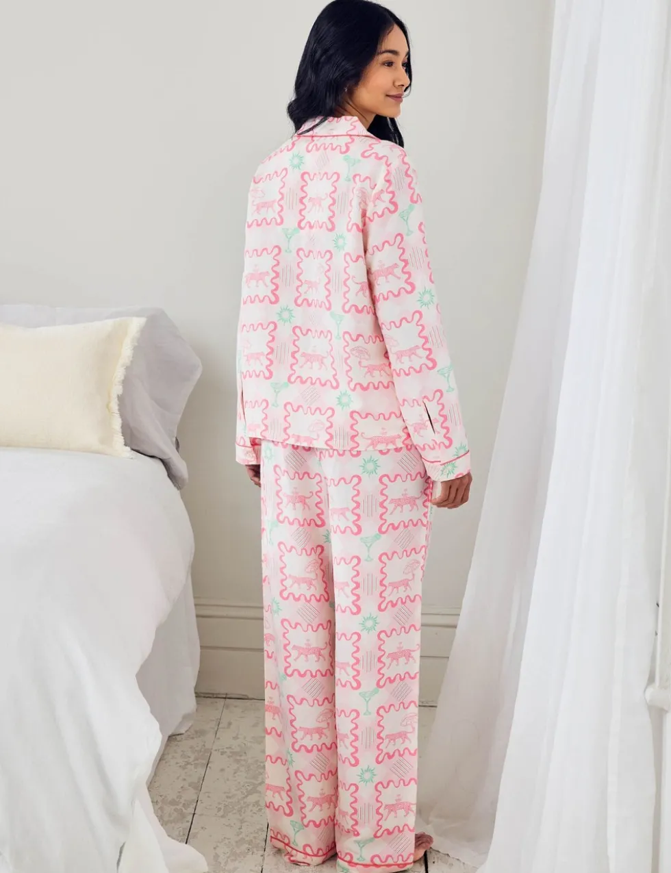 Linen-Blend Cocktail Leopard Geo Print Long Pyjama Set