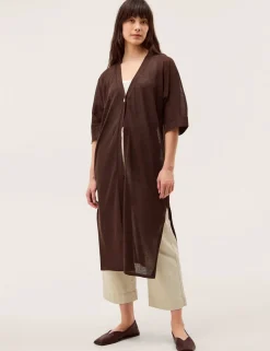 Longline Short Sleeve Cardigan with Linen