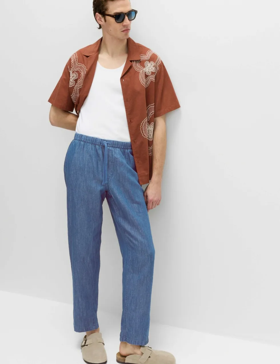 Loose Fit Linen Blend Elasticated Waist Trousers