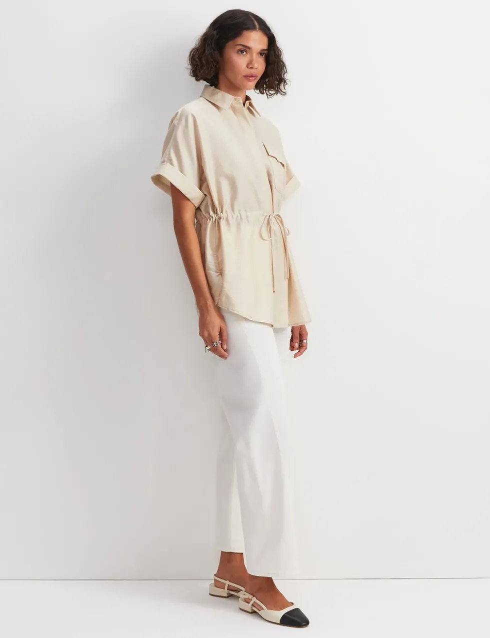Lyocell Blend Drawstring Longline Blouse
