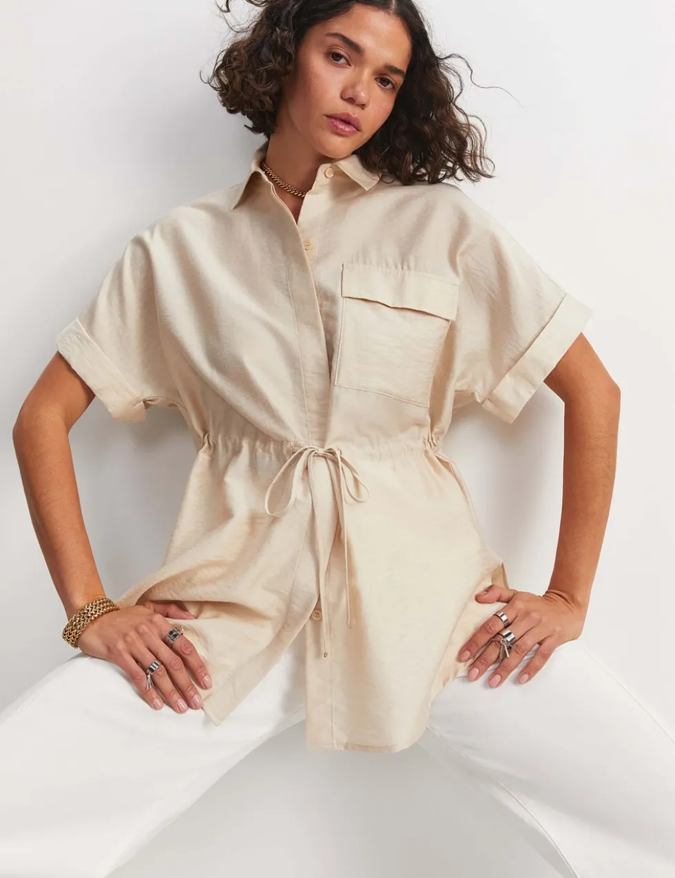 Lyocell Blend Drawstring Longline Blouse