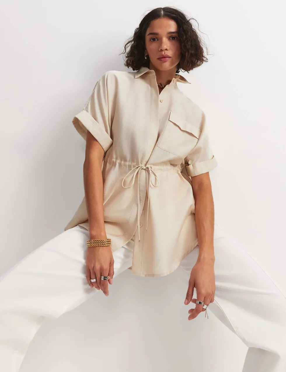Lyocell Blend Drawstring Longline Blouse