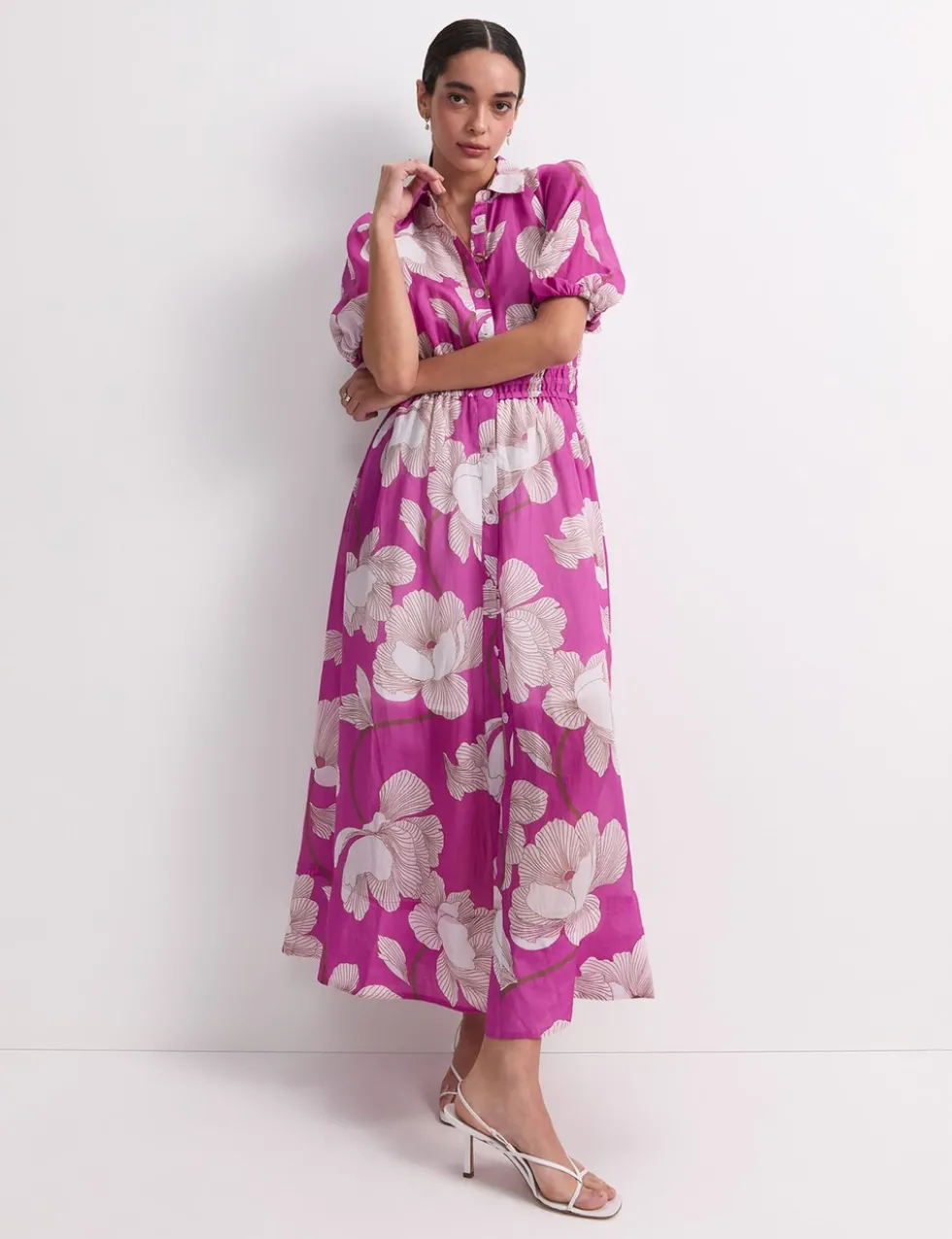 Lyocell Blend Floral Midi Shirt Dress