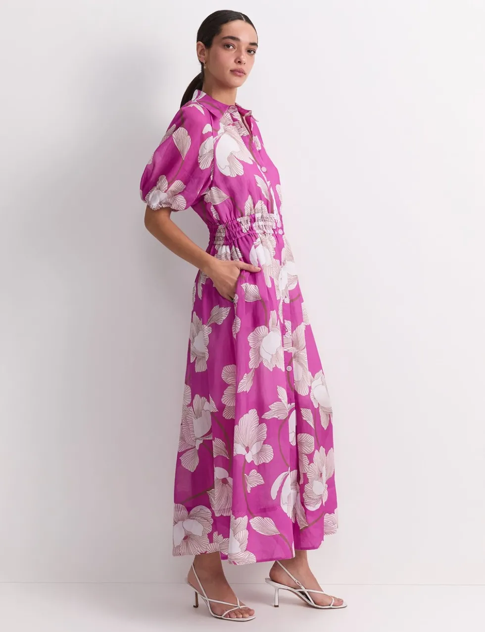 Lyocell Blend Floral Midi Shirt Dress