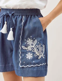 Lyocell Denim Embroidered Drawstring Shorts