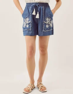 Lyocell Denim Embroidered Drawstring Shorts