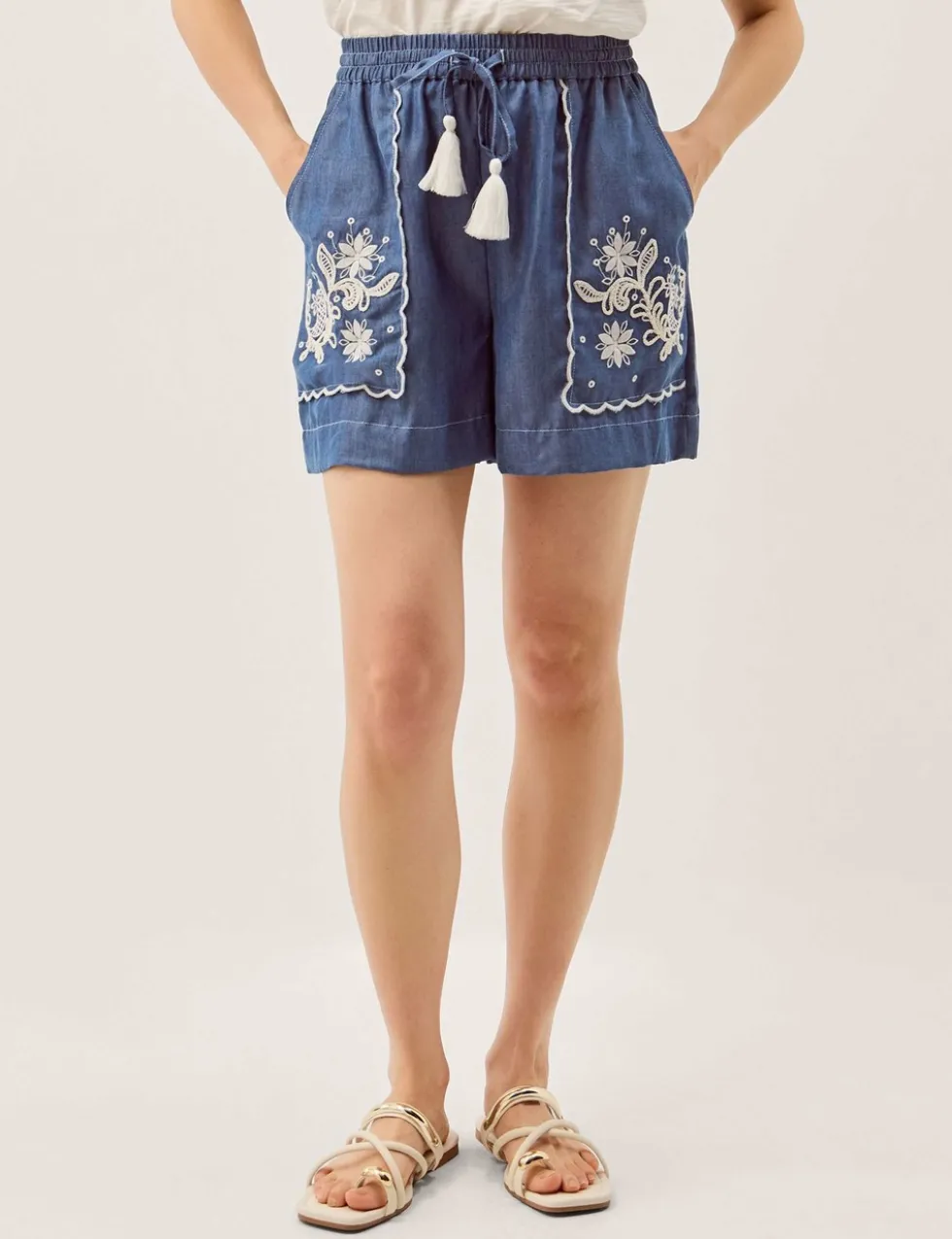 Lyocell Denim Embroidered Drawstring Shorts