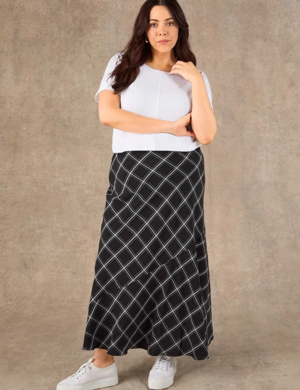 Lyocell Rich Checked Bias Cut Maxi Skirt