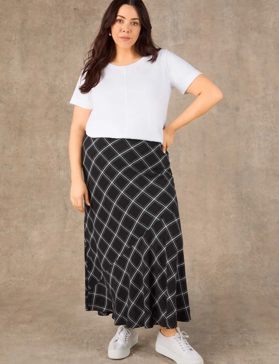 Lyocell Rich Checked Bias Cut Maxi Skirt