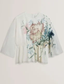 Lyocell Rich Floral Puff Sleeve Peplum Top
