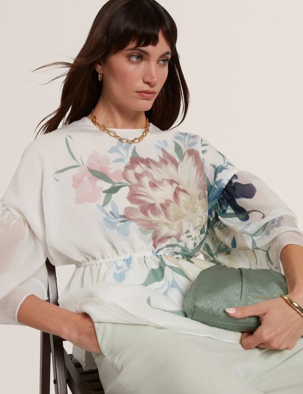 Lyocell Rich Floral Puff Sleeve Peplum Top
