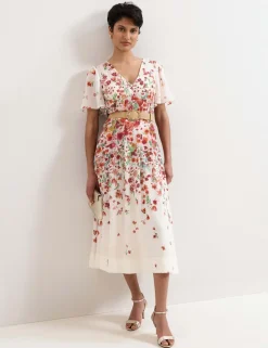 Lyocell Rich Floral V-Neck Midi Skater Dress