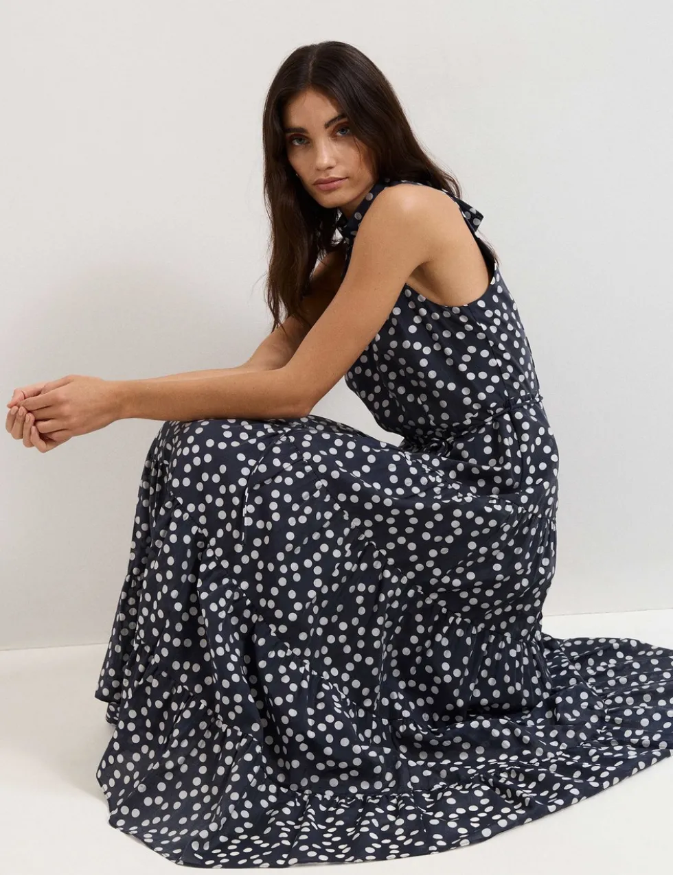 Lyocell Rich Polka Dot Maxi Tiered Dress