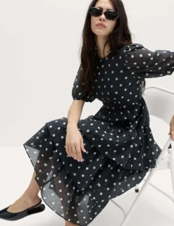 Lyocell Rich Polka Dot Midi Tiered Dress