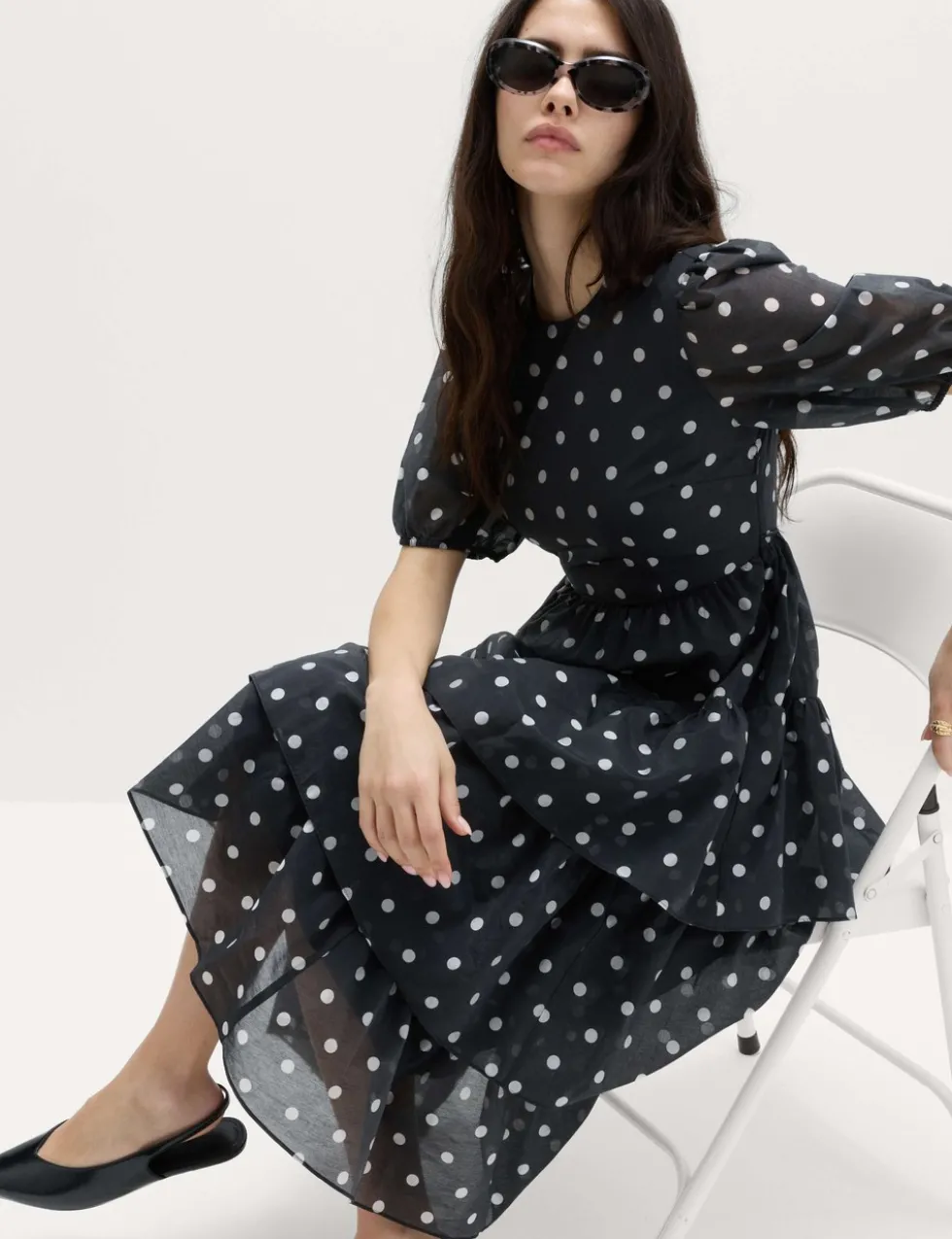 Lyocell Rich Polka Dot Midi Tiered Dress