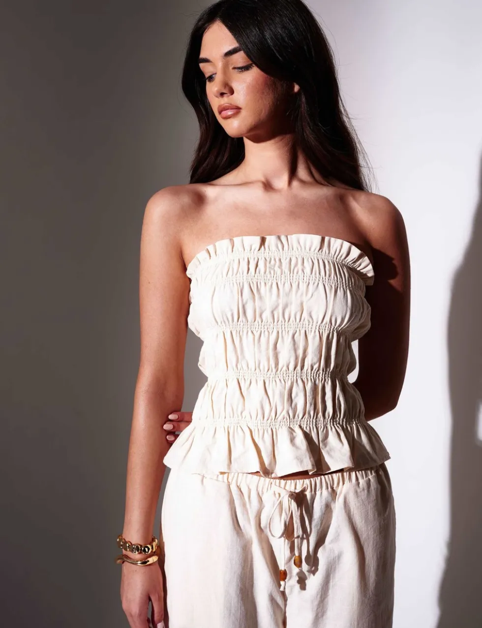 Lyocell Rich Ruffle Shirred Bandeau Top