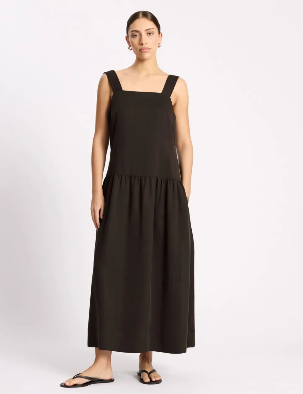 Lyocell Rich Square Neck Maxi Waisted Dress