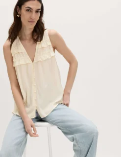 Lyocell Rich V-Neck Frill Detail Top