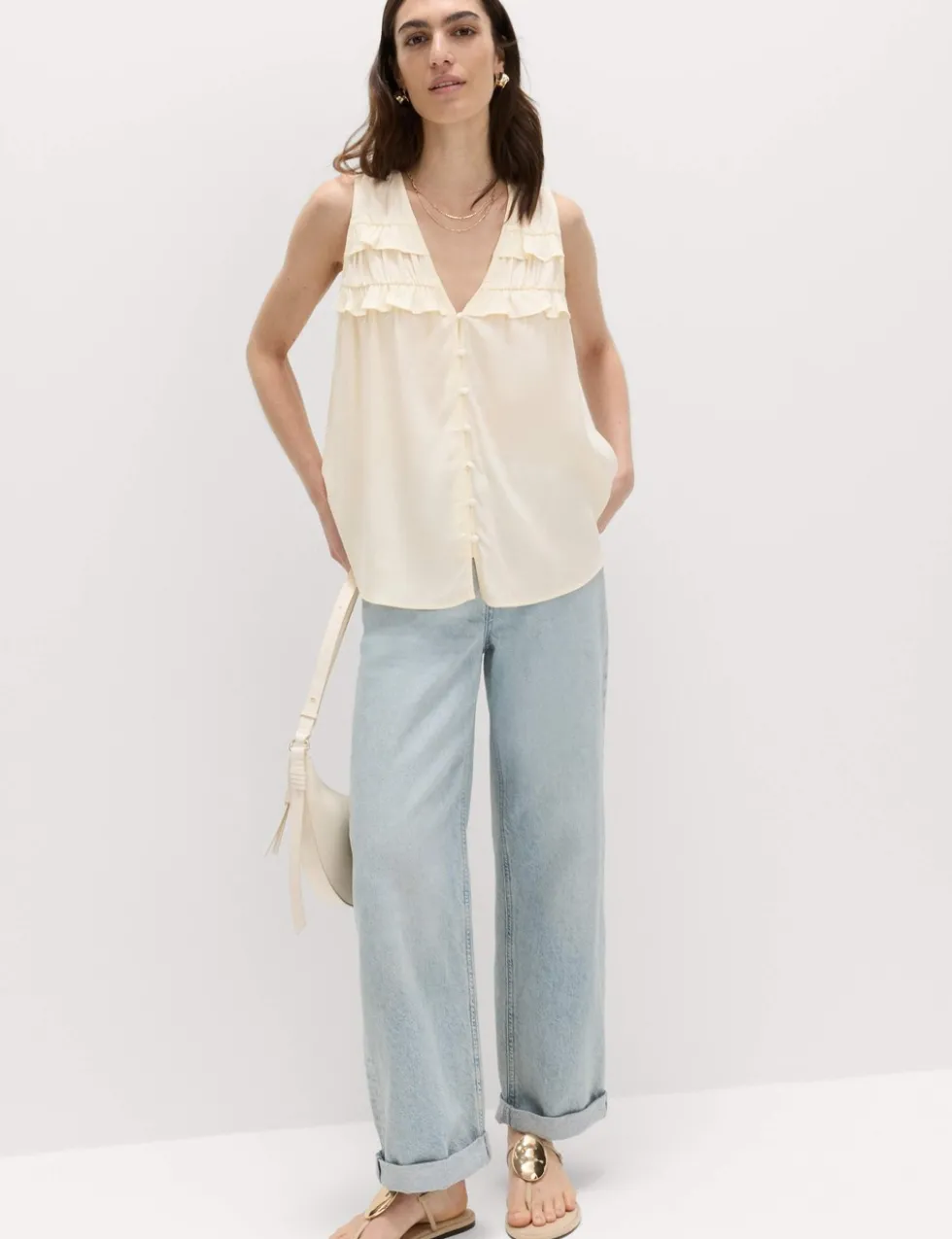 Lyocell Rich V-Neck Frill Detail Top