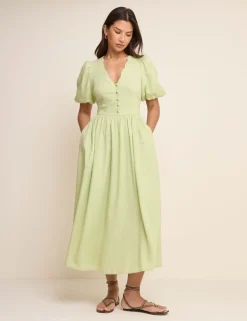 Lyocell Rich V-Neck Midi Dress With Linen