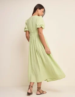 Lyocell Rich V-Neck Midi Dress With Linen