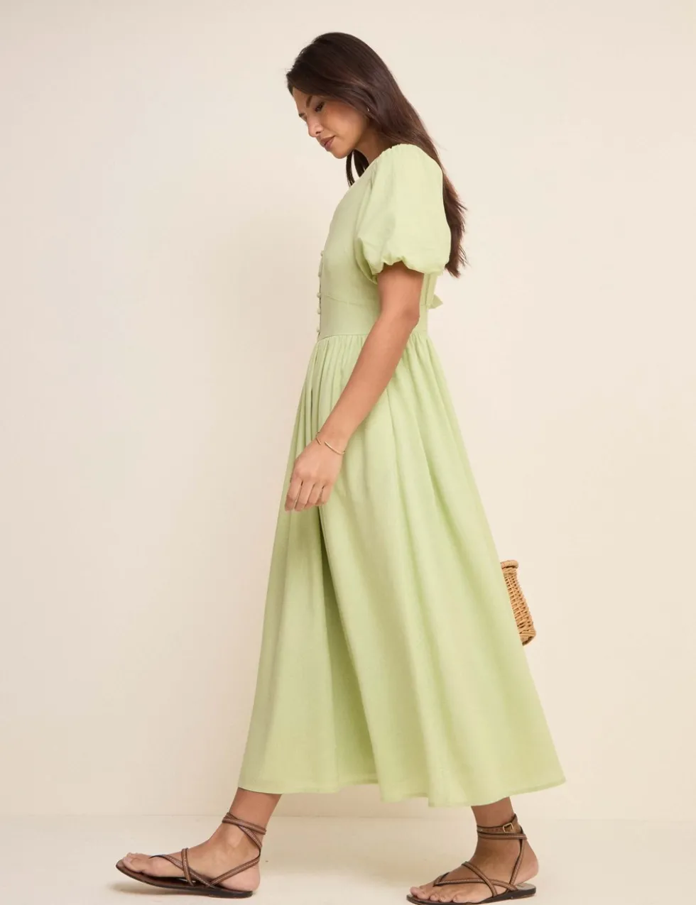 Lyocell Rich V-Neck Midi Dress With Linen