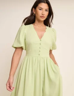 Lyocell Rich V-Neck Midi Dress With Linen