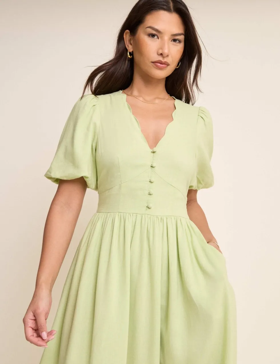 Lyocell Rich V-Neck Midi Dress With Linen