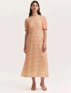 Mela Coral Ikat Chiffon Midi Tea Dress