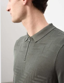 Mercerised Cotton Geometric Half Zip Polo