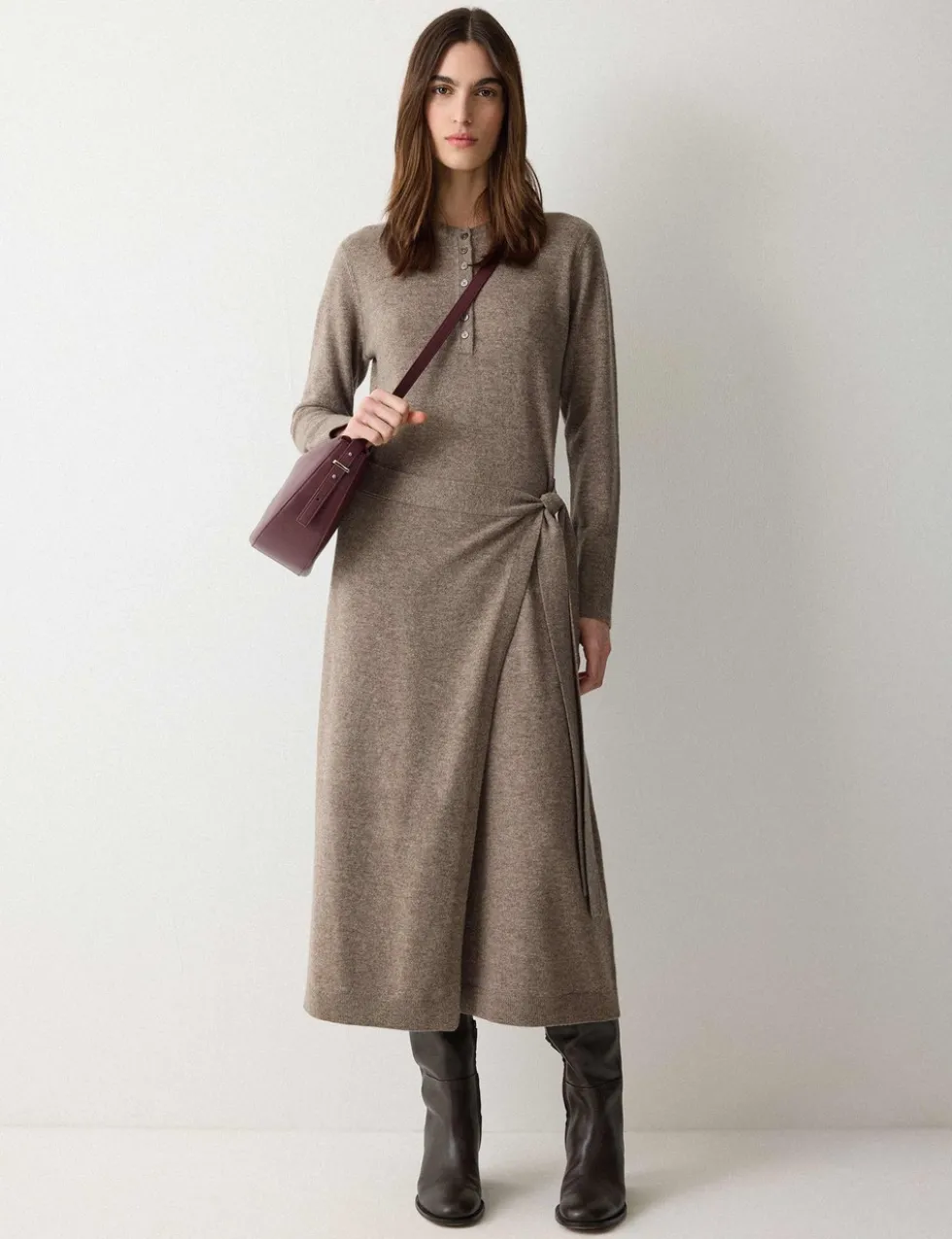 Merino Wool Blend Midi Wrap Dress
