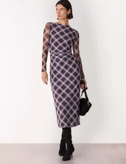 Mesh Checked Midi Bodycon Dress
