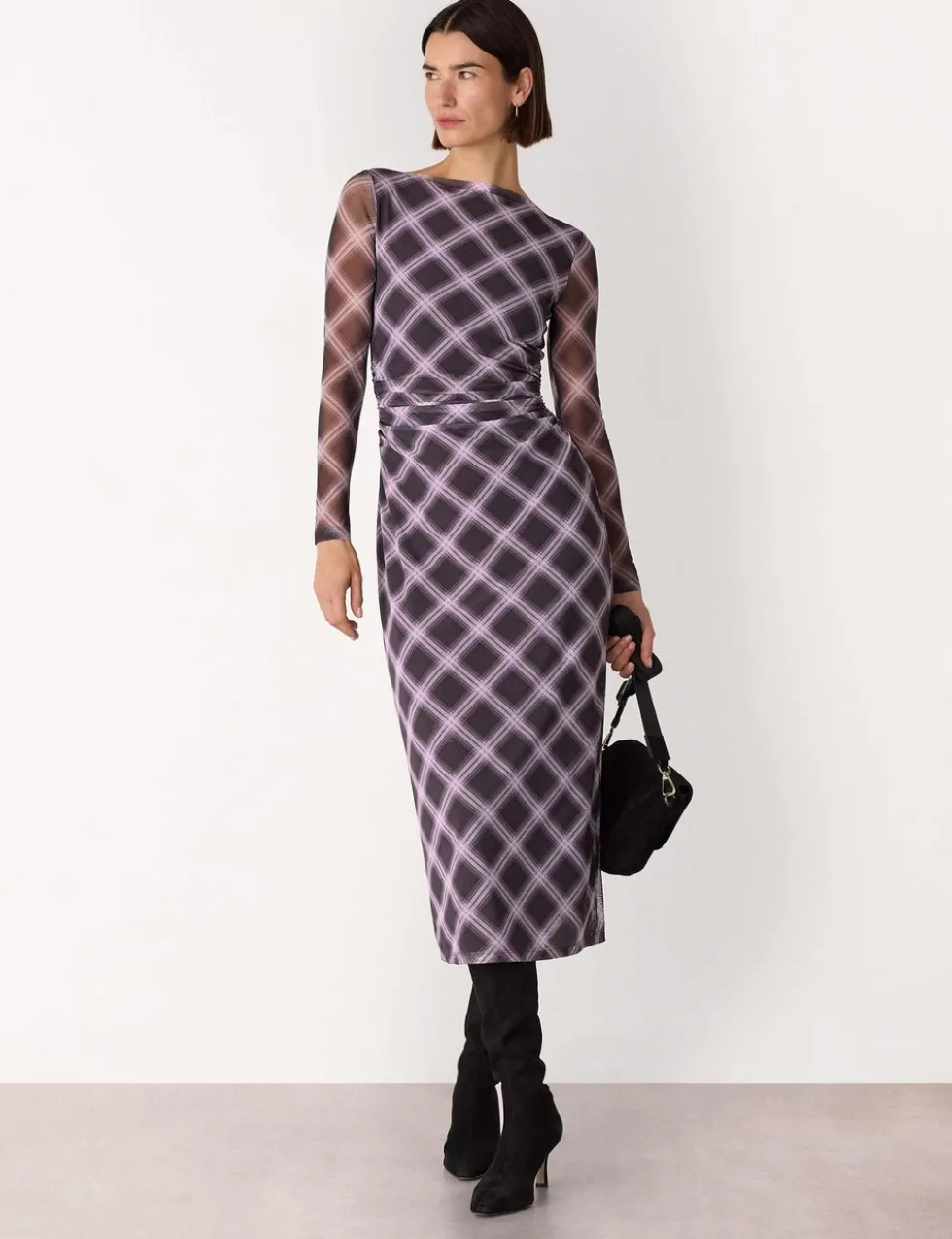 Mesh Checked Midi Bodycon Dress