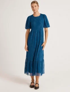 Mesh Floral Embroidered Midi Tiered Dress