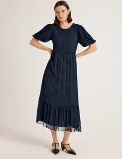 Mesh Floral Embroidered Midi Tiered Dress