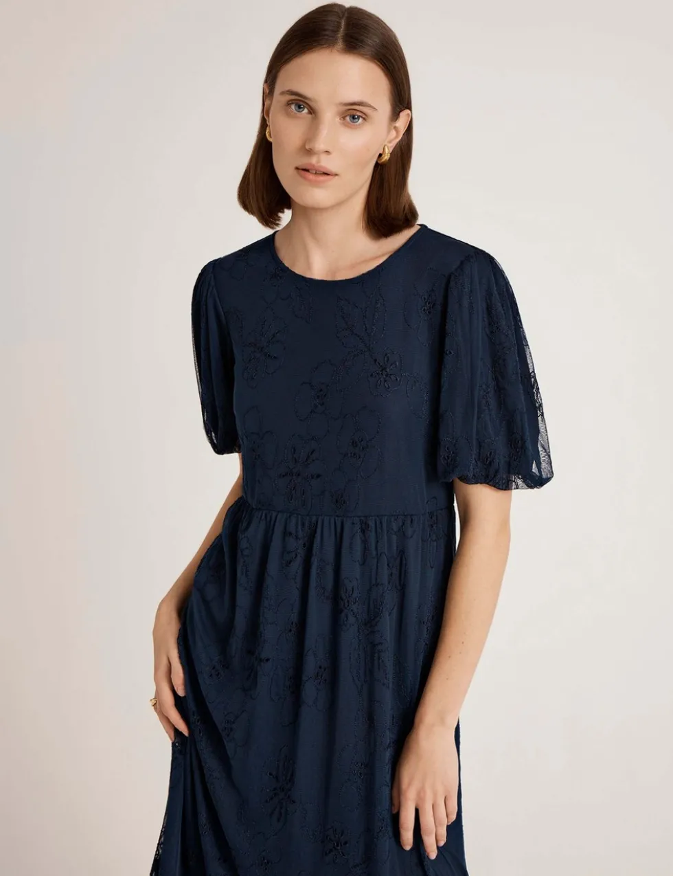 Mesh Floral Embroidered Midi Tiered Dress